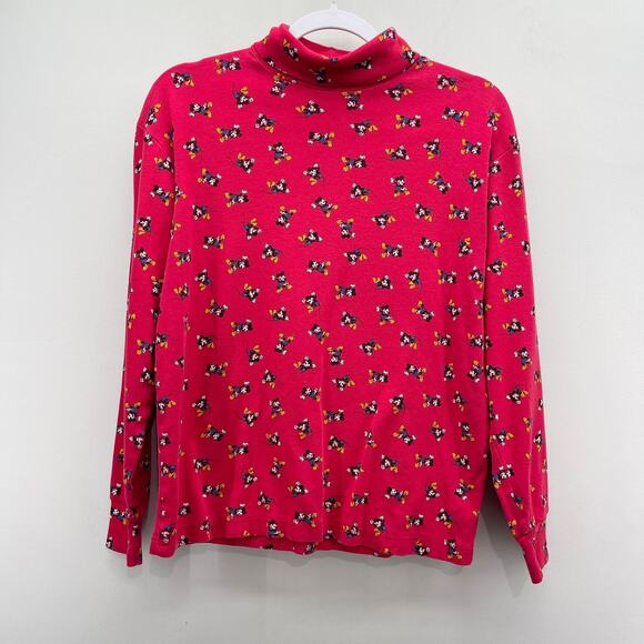 Vintage 90s Mickey Mouse & Co All Over Print Red Turtleneck Womens Medium LS Top - Picture 1 of 6
